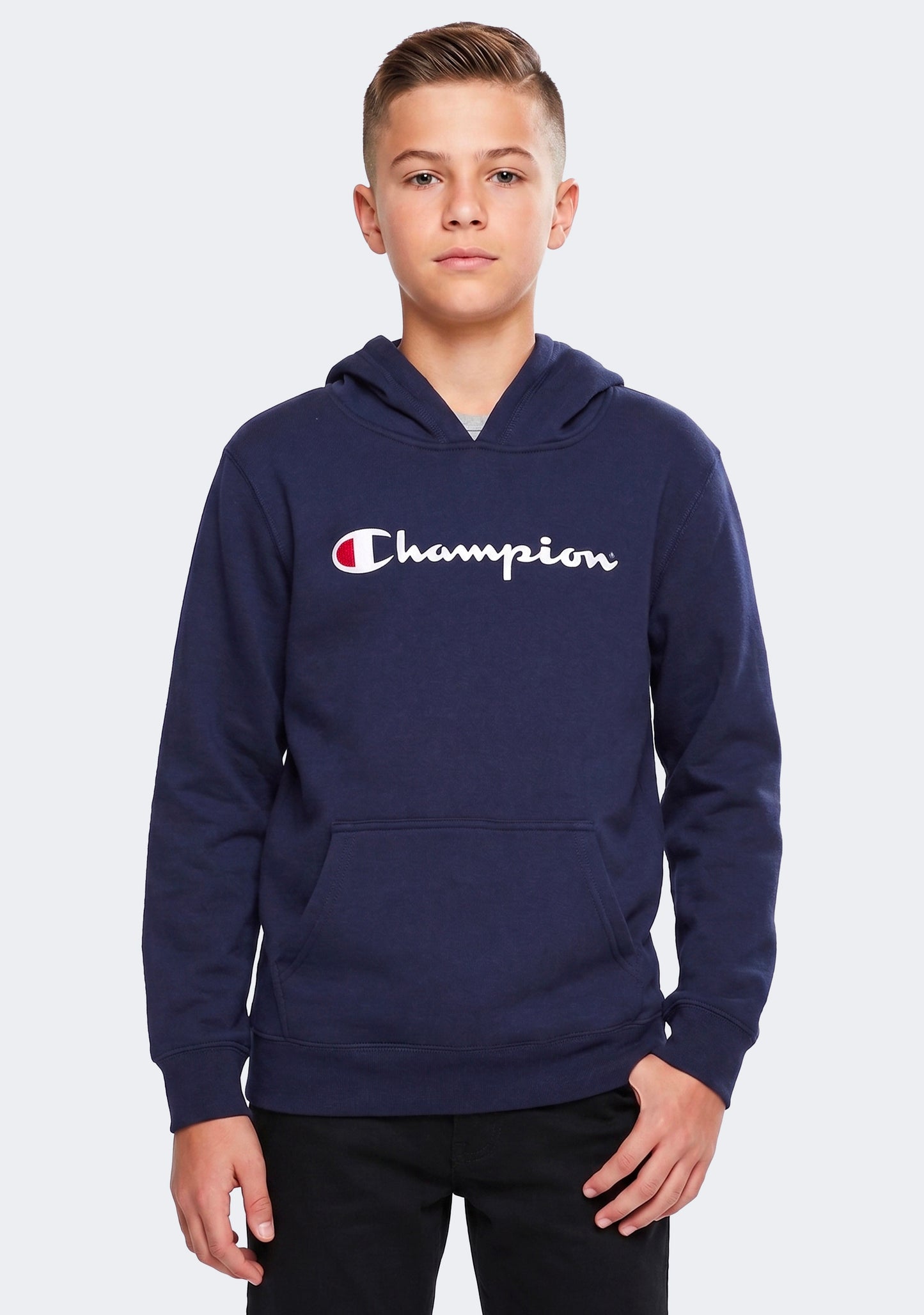 Champion Kids' Script Logo Hoodie Navy