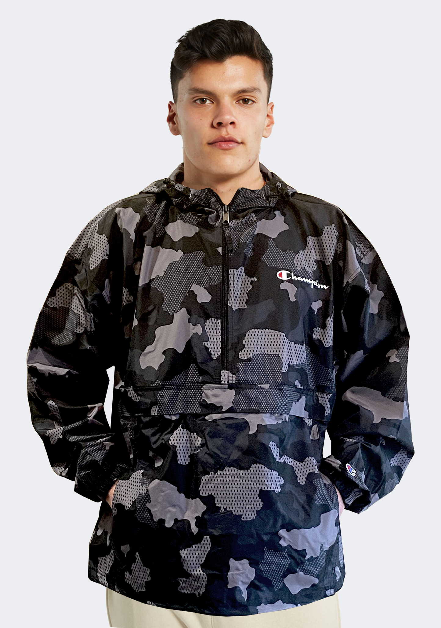 Champion Mens US Quarter Zip Grey Camo Packable Jacket