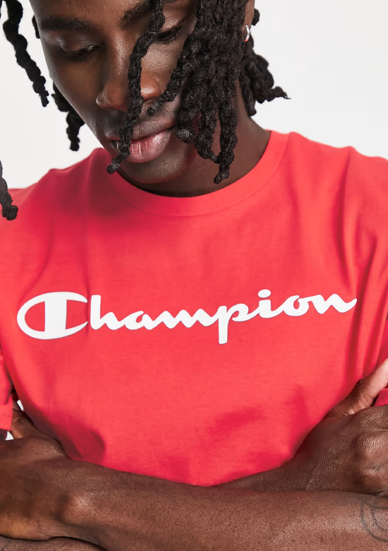 Champion Men's Script Logo Short Sleeve Tee Coral Bloom