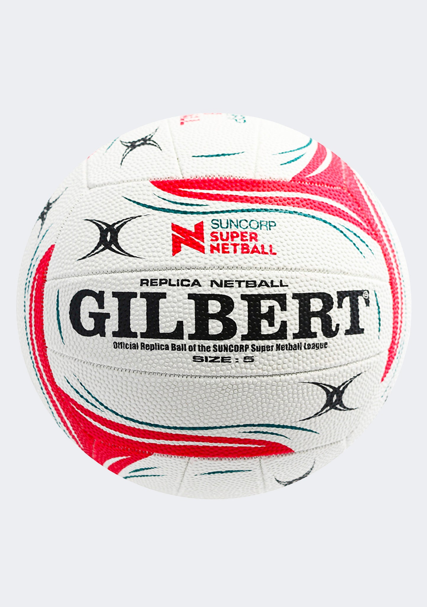 A Gilbert Super Netball Replica match ball with a predominantly white surface featuring pink and black accents, and the Suncorp Super Netball logo.