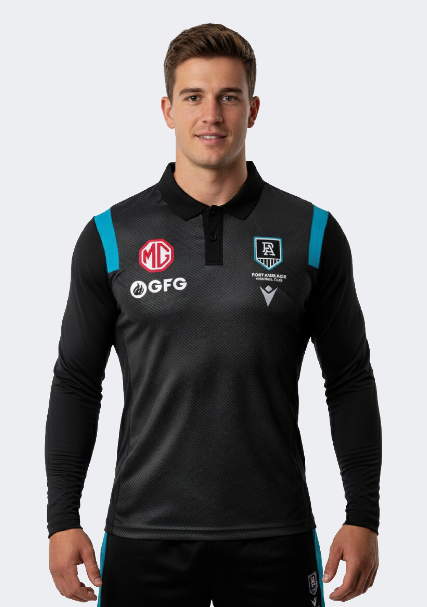 Macron Men's Port Adelaide M21 Travel Poly Polo L/S