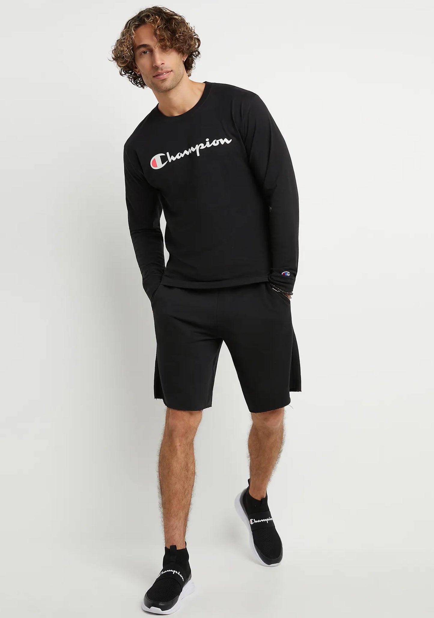 Champion Mens Script Long Sleeve Tee Black <br> AXQNN