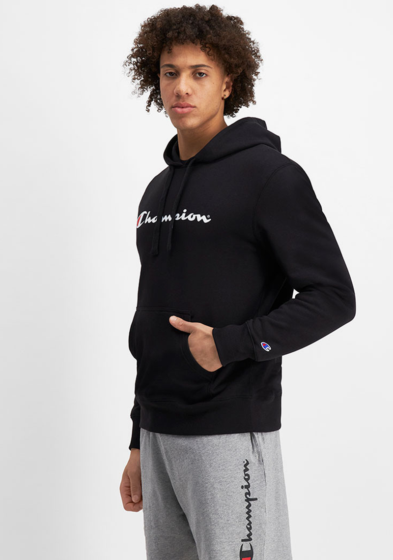 Champion Mens Script Hoodie Black <br> AY79N BLK