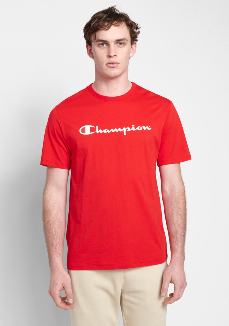 Champion Mens Script Logo Short Sleeve Tee Red <br> AXQPN GJR