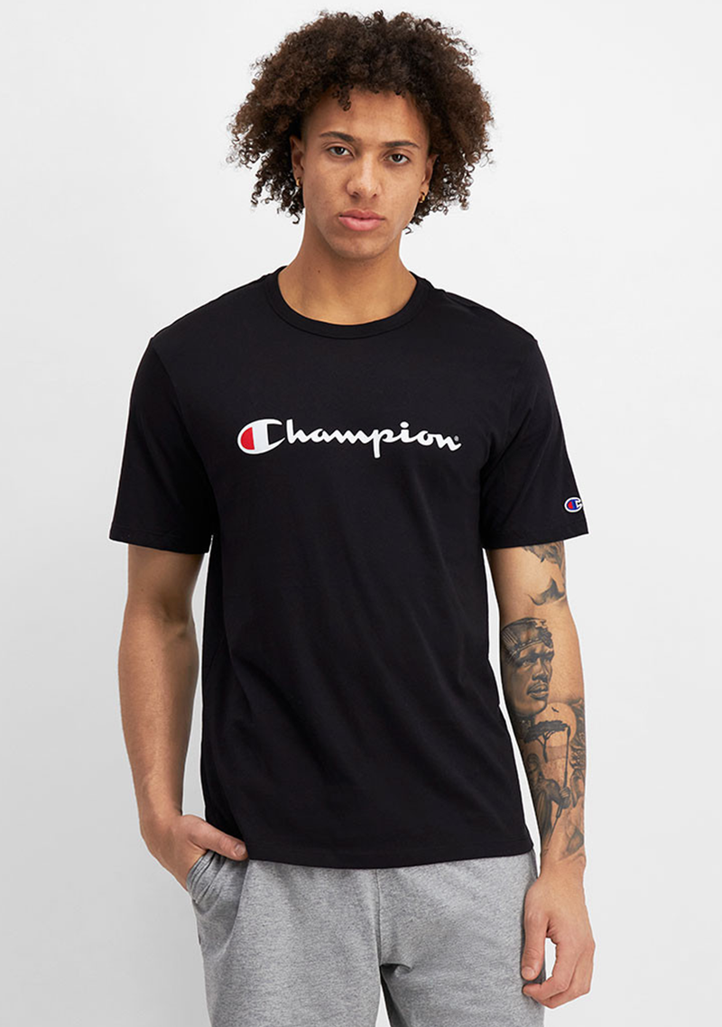 Champion Mens Script Logo Short Sleeve Tee Black <br> AXQPN BLK
