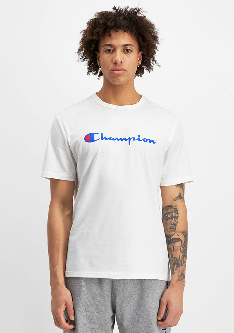 Champion Mens Script Logo Short Sleeve Tee White <br> AXQPN WIT