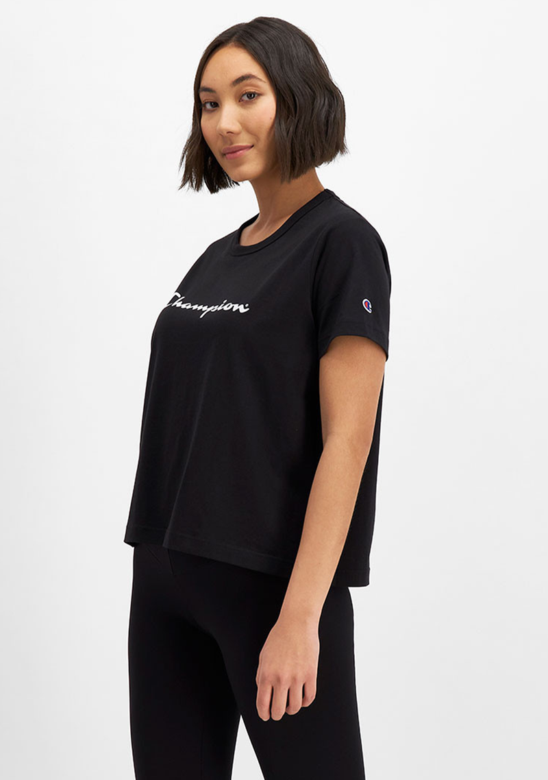 Champion Womens Script Crop Boxy Tee Black <BR> CUWGN BLK