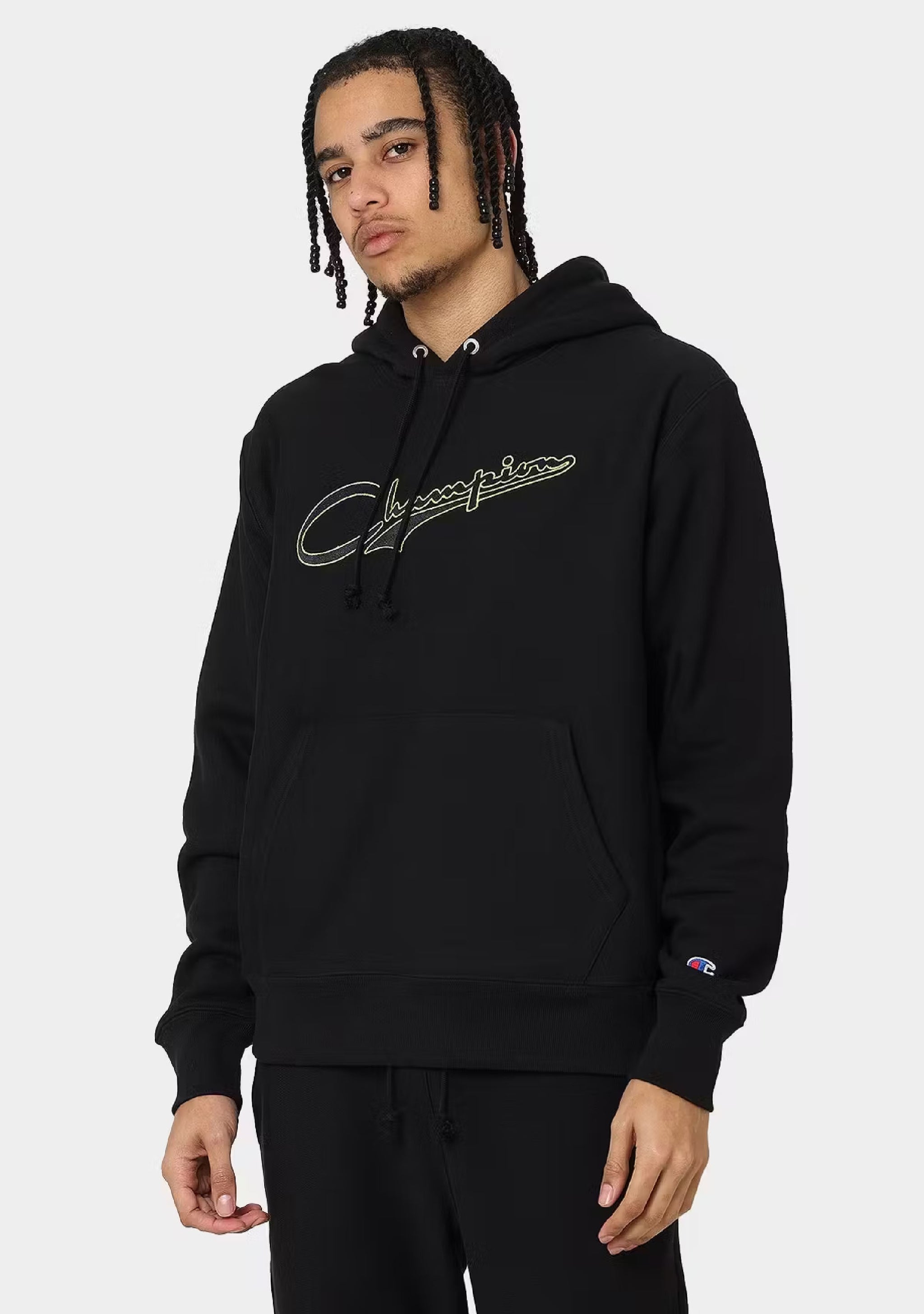 Mens Hoodie Champion Script Hoodie Black Gold Champion Men's