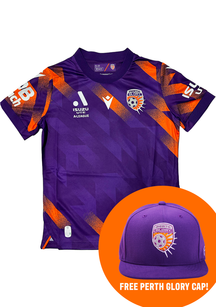 Macron Kids' Perth Glory M23/24 Match Day Home Shirt with FREE A-League Snapback Cap<br> 58584162