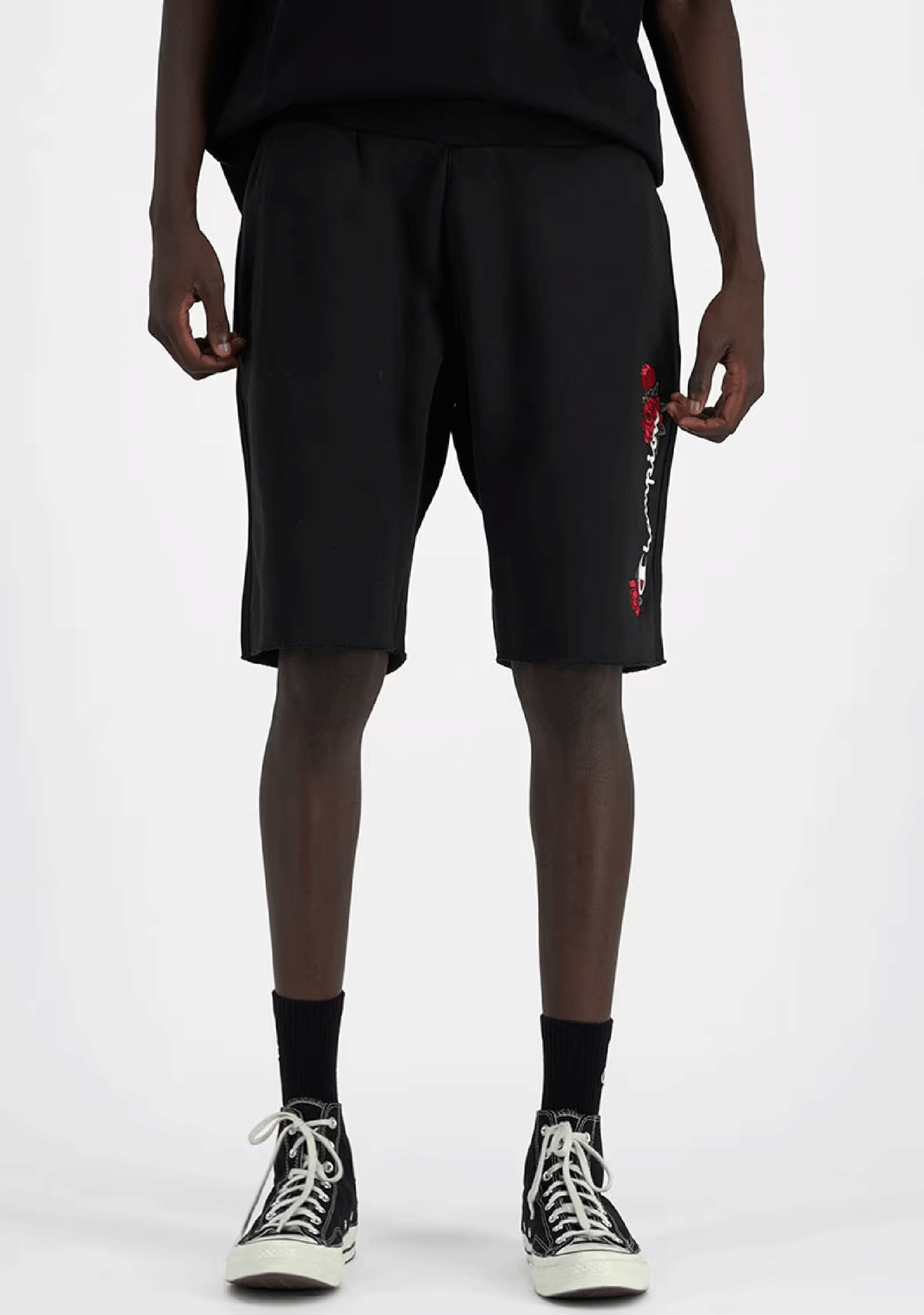 Champion Mens Reverse Weave Rose Embroidery Cut Off Shorts AUXDN BLK Jim Kidd Sports
