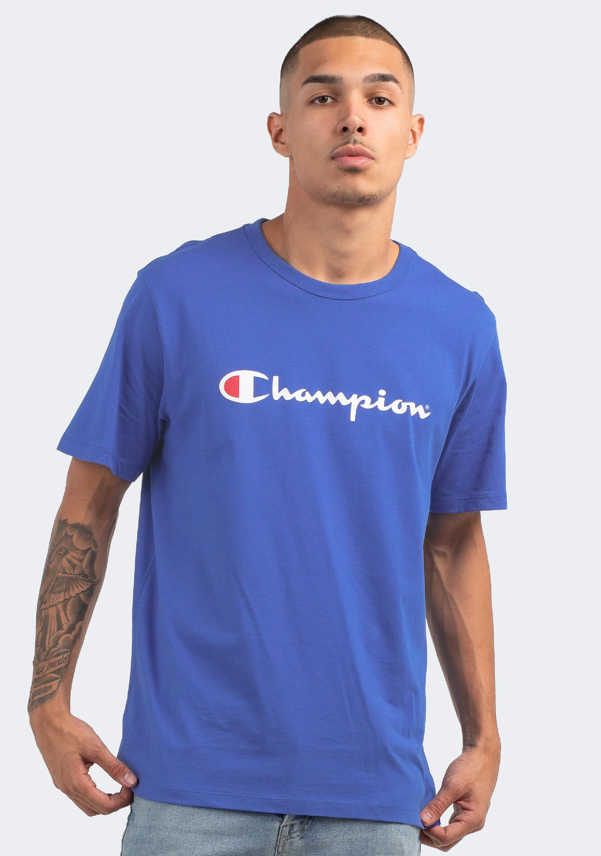 Champion Men's Script Logo Short Sleeve Bluebell Breeze