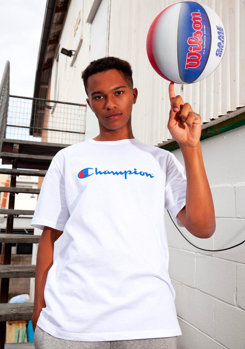 Champion Mens Script Logo Short Sleeve Tee White AXQPN WIT Jim