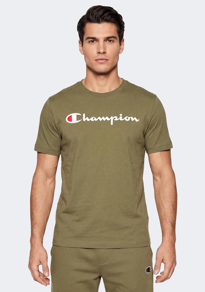 Champion Men's Script Logo Short Sleeve Sand Pepper