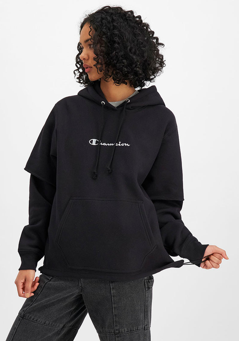 Champion Womens Reverse Weave Liquid Layer Black Hoodie Silver Logo <br> CT4EN BLK