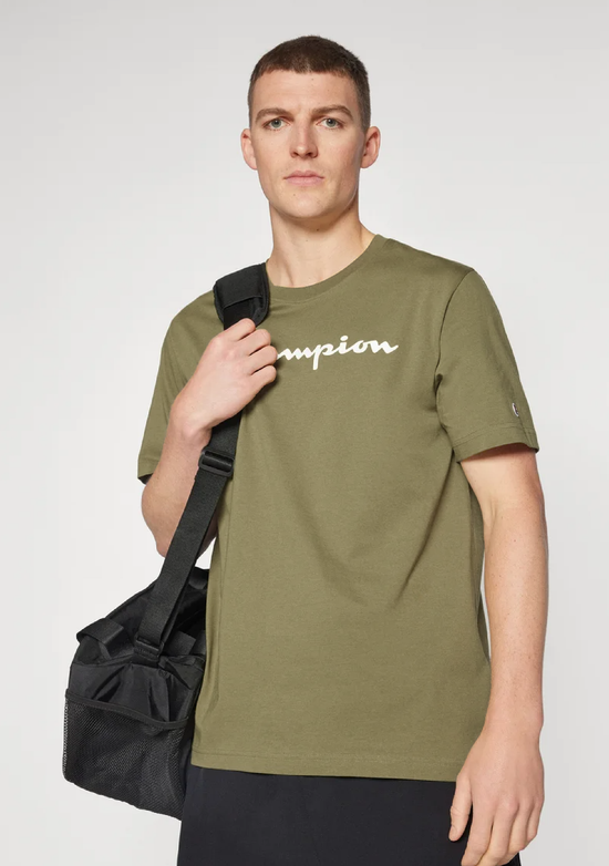 Champion Men's Script Logo Short Sleeve Sand Pepper