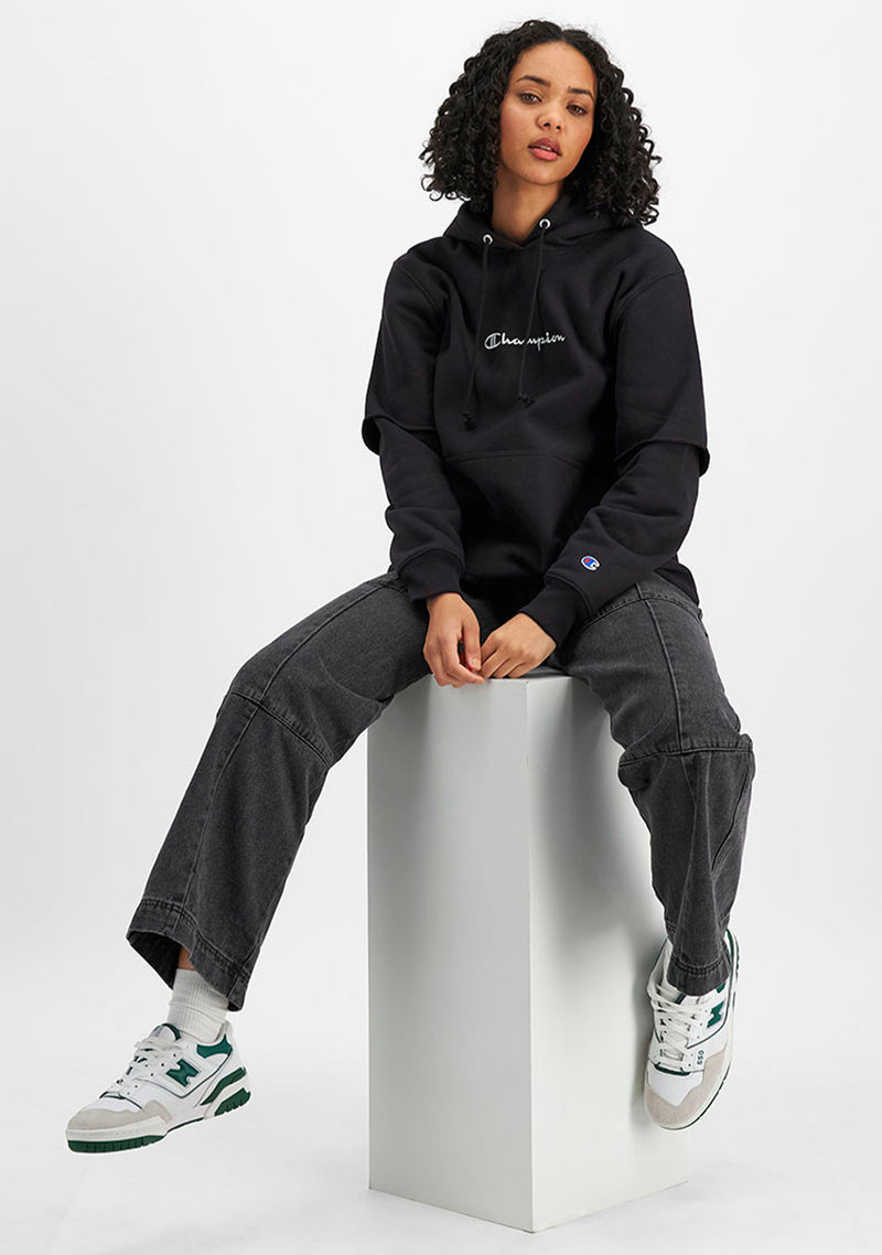 Champion Womens Reverse Weave Liquid Layer Black Hoodie Silver Logo <br> CT4EN BLK