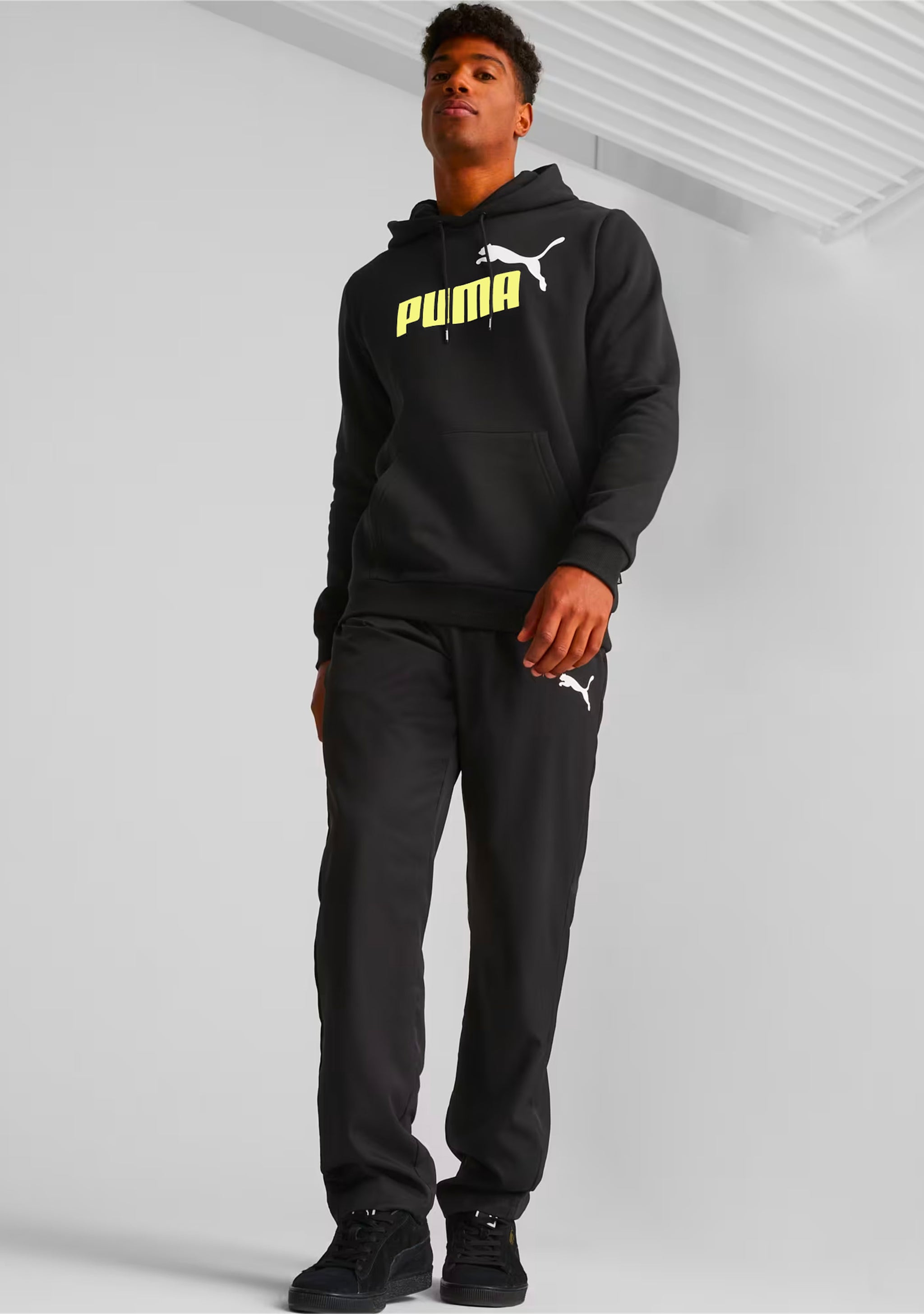 Puma Men's Essentials+ Two-Tone Big Logo Hoodie Black Lime
