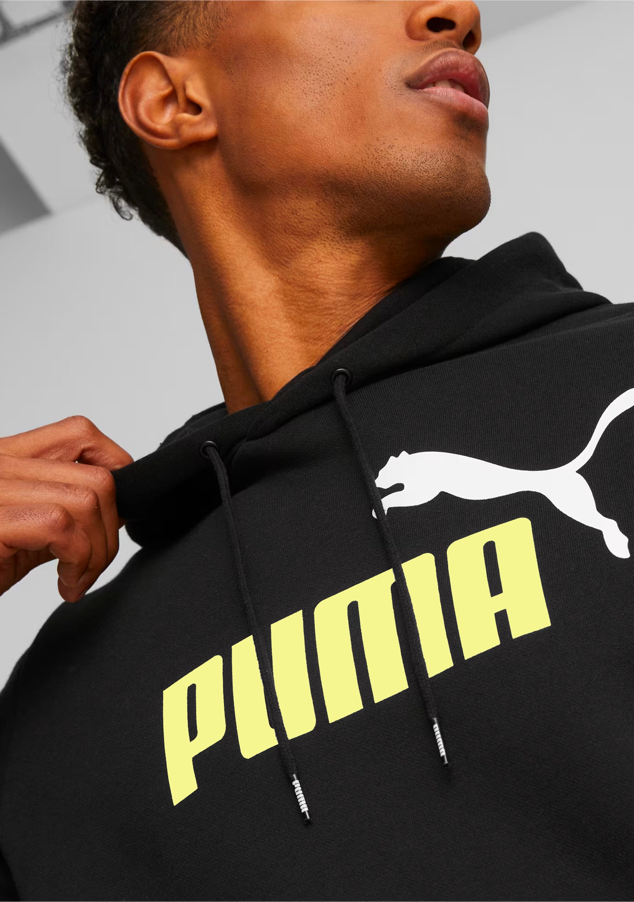 Puma Men's Essentials+ Two-Tone Big Logo Hoodie Black Lime