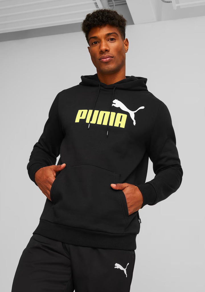 Puma Men's Essentials+ Two-Tone Big Logo Hoodie Black Lime