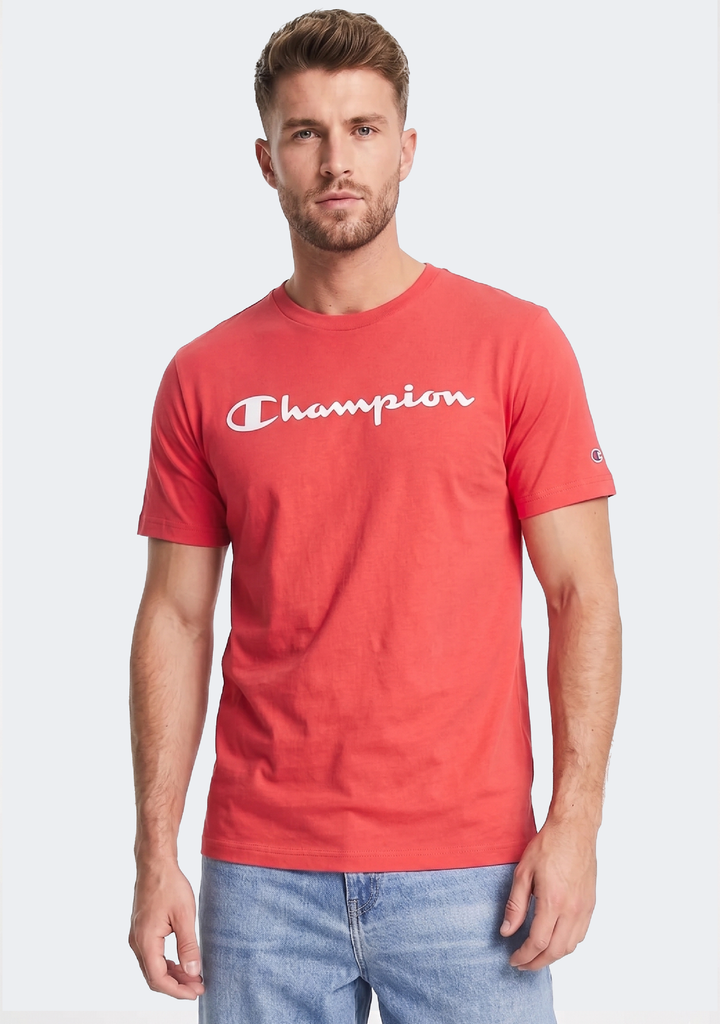 Champion Men's Script Logo Short Sleeve Tee Coral Bloom