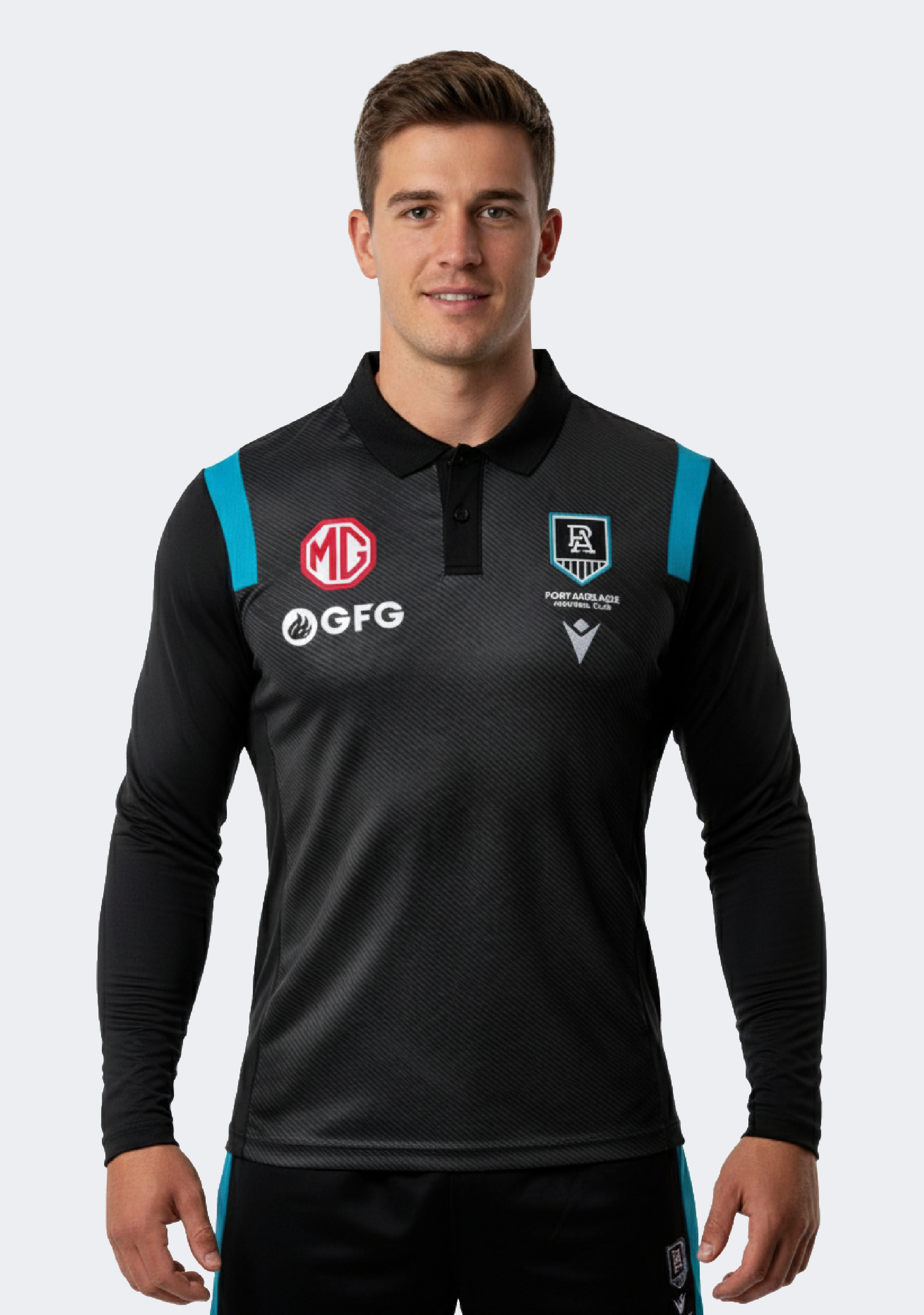 Macron Men's Port Adelaide M21 Travel Poly Polo L/S