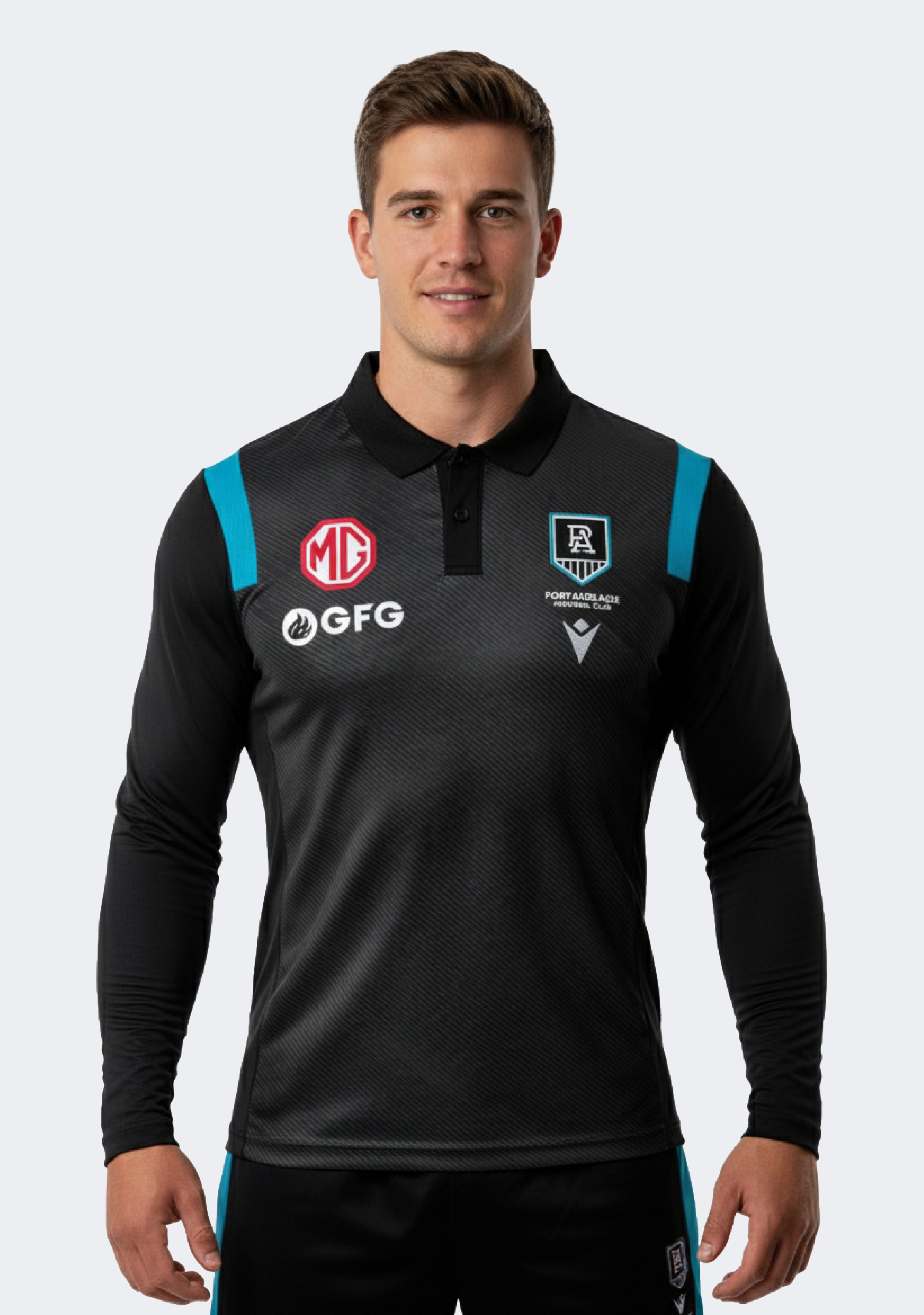 Macron Men's Port Adelaide M21 Travel Poly Polo L/S