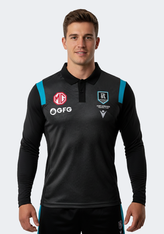 Macron Men's Port Adelaide M21 Travel Poly Polo L/S