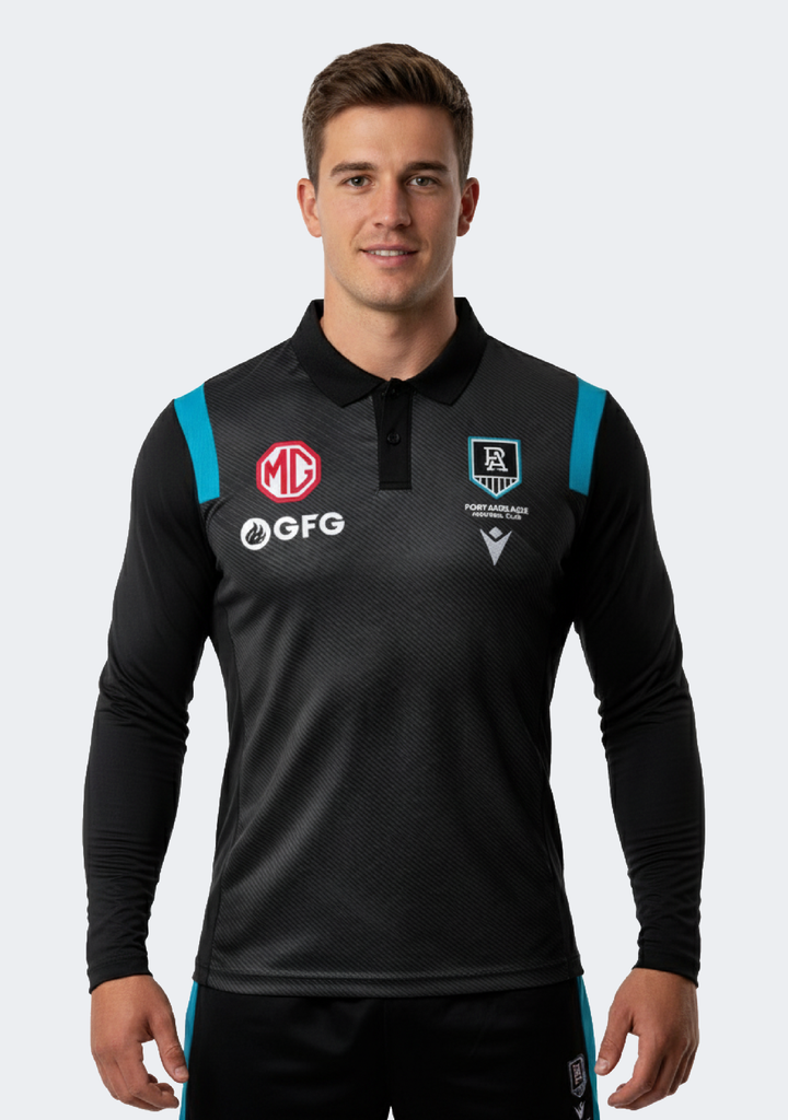 Macron Men's Port Adelaide M21 Travel Poly Polo L/S