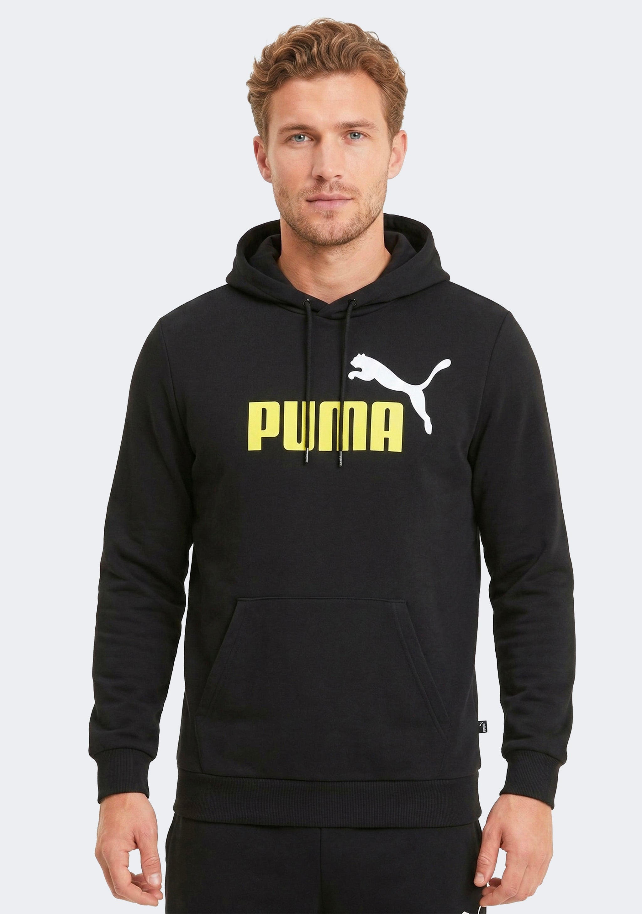 Puma Men's Essentials+ Two-Tone Big Logo Hoodie Black Lime