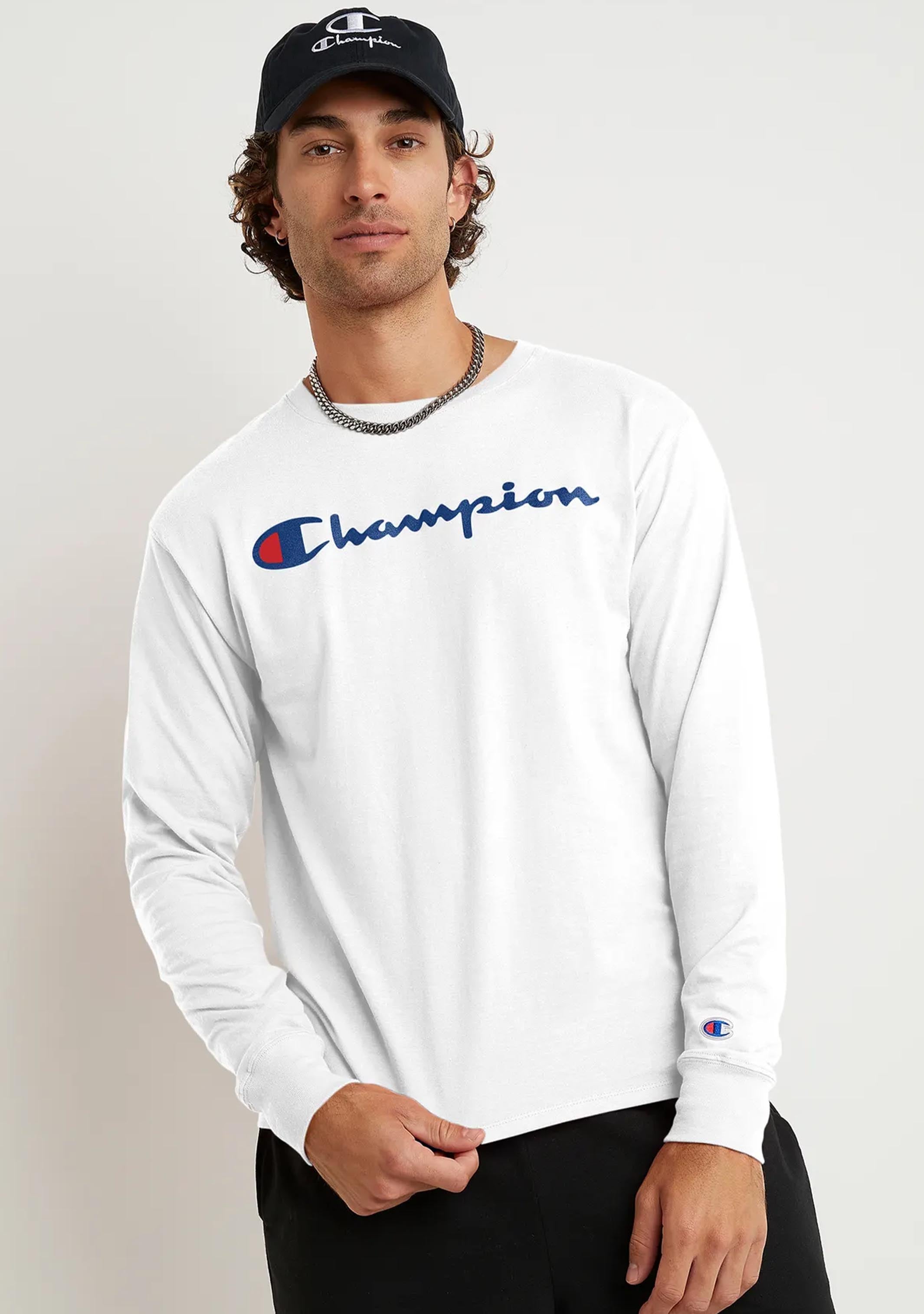 Champion Mens Script Long Sleeve Tee White Jim Kidd Sports