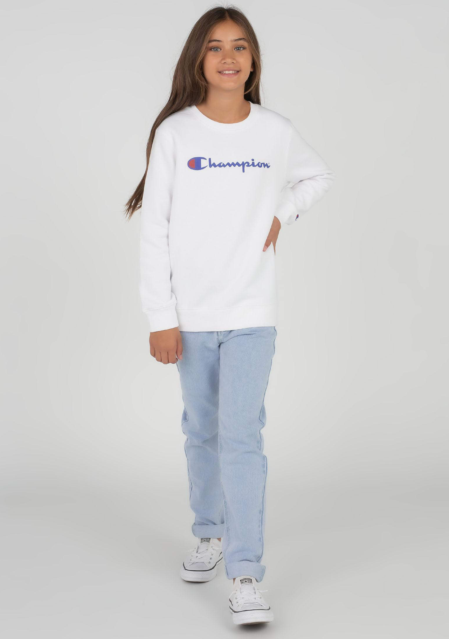 Champion Junior Script Logo Crew White