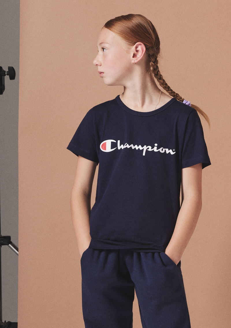 Champion Kids Script Short Sleeve Navy Tee <br> KXA8N NAV