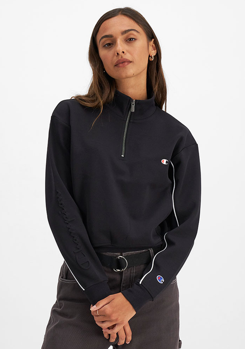 Champion Womens Rochester Athletic Quarter Zip Crew <BR> CT3GN BLK