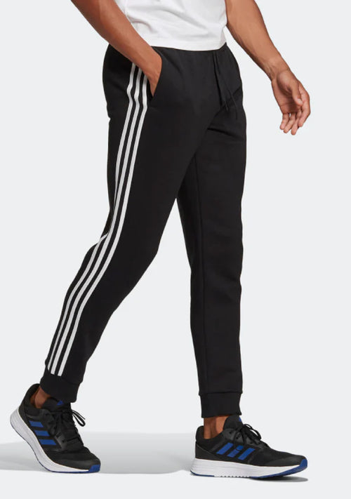 Adidas Mens Essentials Fleece Tapered Cuff 3-Stripes Pants Black <br> GK8821