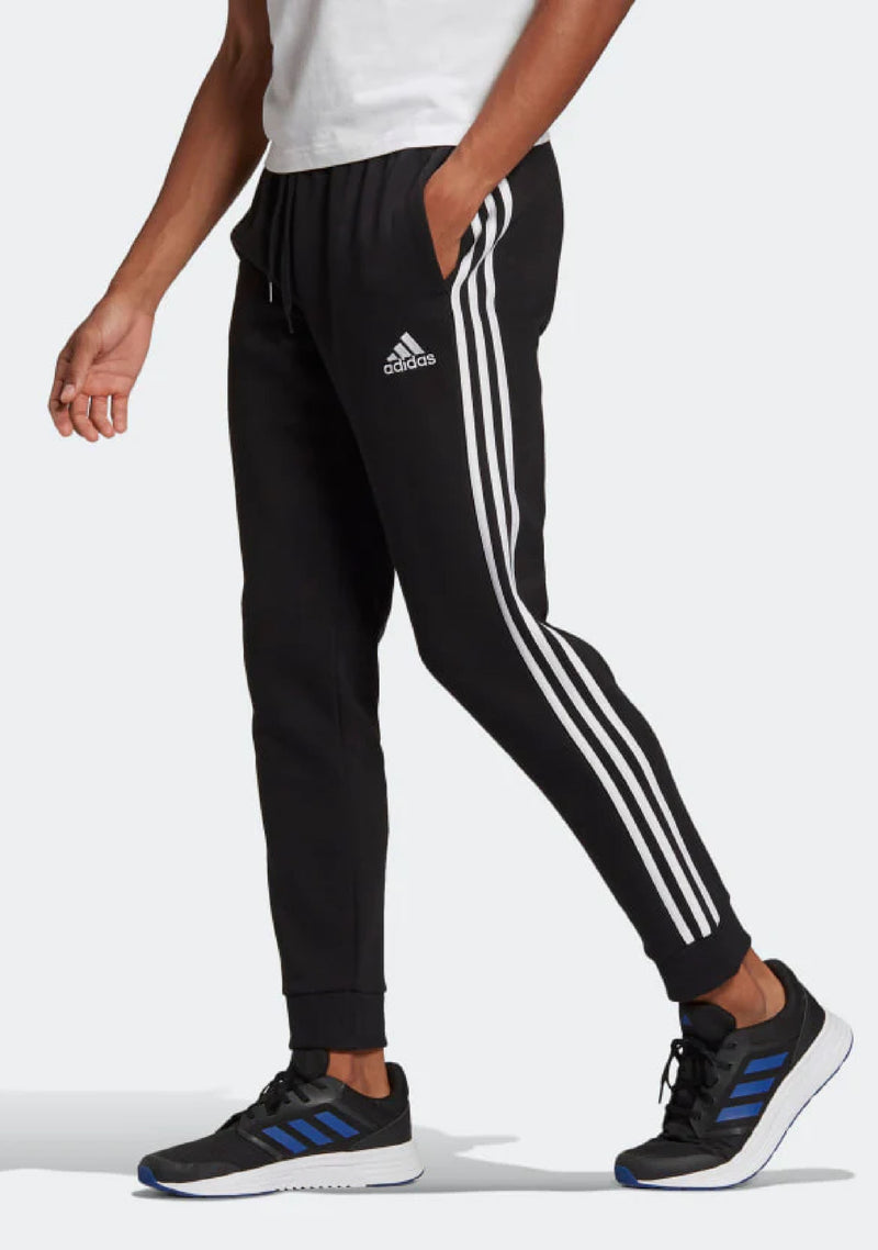 Adidas Mens Essentials Fleece Tapered Cuff 3-Stripes Pants Black <br> GK8821