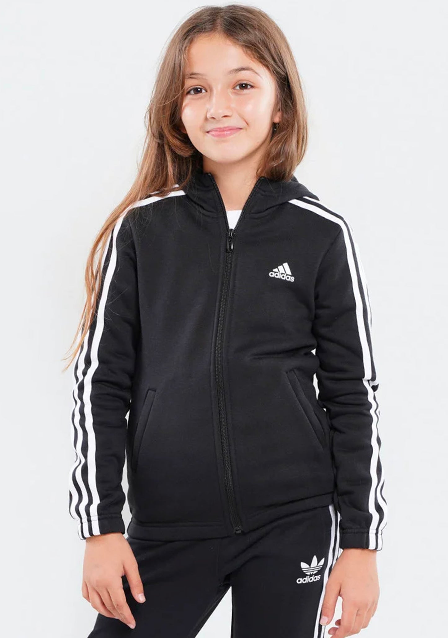 Adidas Girls Essentials 3 Stripe Full Zip Hoodie
