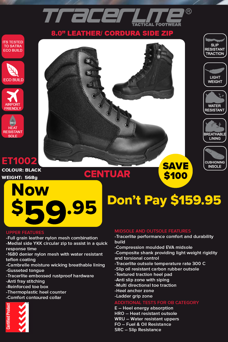Tracerlite Mens 8 Inch Leather Cordura Boots Side Zip <BR> ET1002